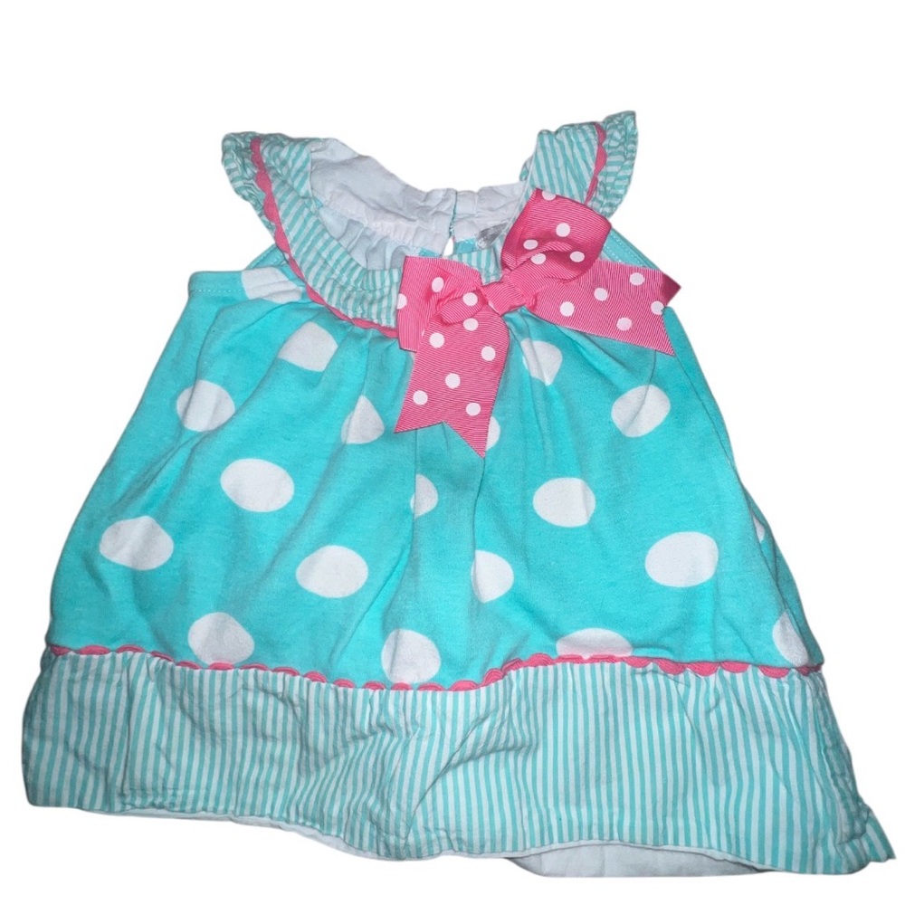 18 Month Rare Editions Turquoise White Polka Dot Dress with Pink Bow